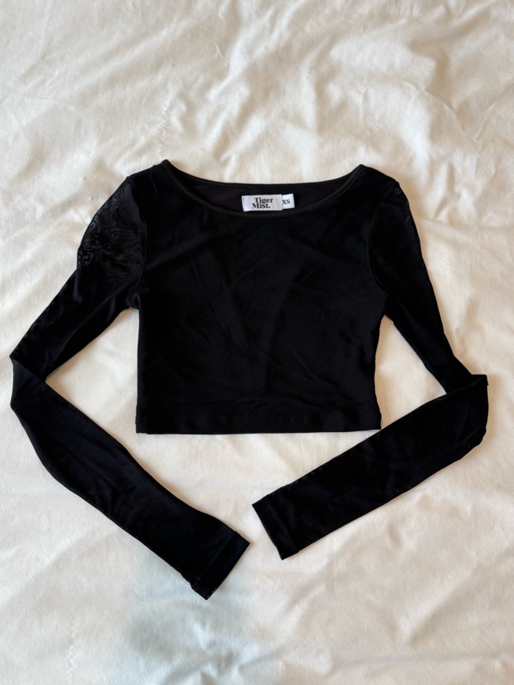 Tiger Mist Black Long-Sleeve Crop Top with Mesh